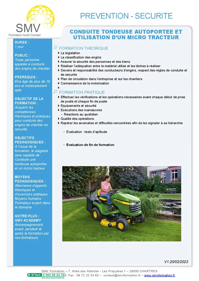Fiche programme de la formation Conduite tondeuse autoportée et Utilisation d’un micro tracteur : durée, public, prérequis, objectifs pédagogiques et contenu