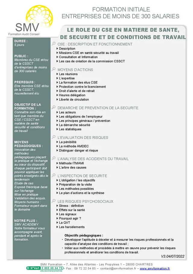 Fiche programme de la formation CSE en matiere de sante securite et conditions de travail moins de 300 INITIALE : durée, public, prérequis, objectifs pédagogiques et contenu
