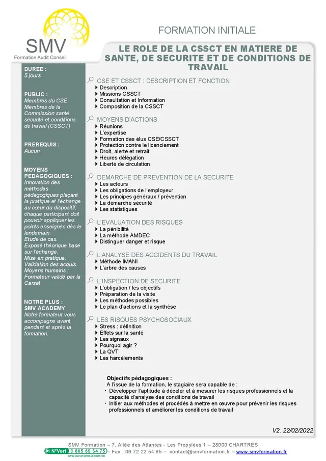 Fiche programme de la formation CSE CSSCT  INITIALE : durée, public, prérequis, objectifs pédagogiques et contenu