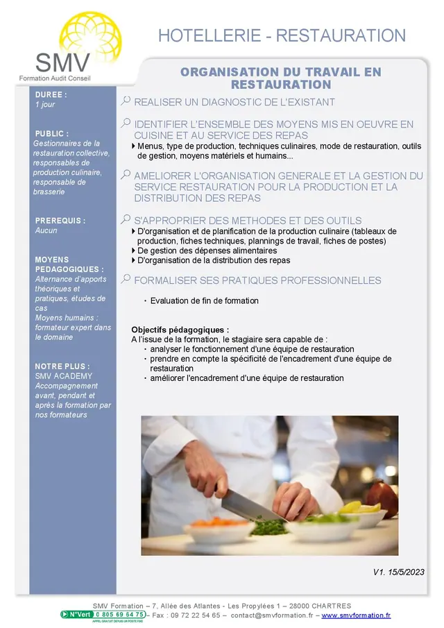 Fiche programme de la formation Organisation du travail en restauration : durée, public, prérequis, objectifs pédagogiques et contenu