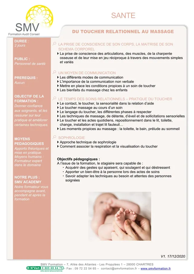 Fiche programme de la formation Du Toucher Relationnel au Massage – Enfant : durée, public, prérequis, objectifs pédagogiques et contenu