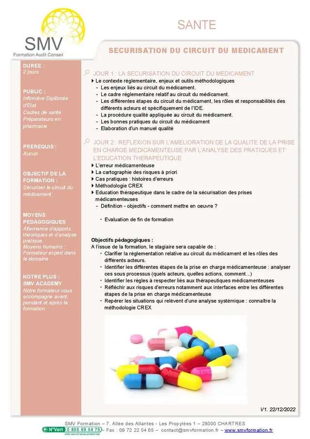 Fiche programme de la formation Sécurisation du Circuit du Médicament : durée, public, prérequis, objectifs pédagogiques et contenu