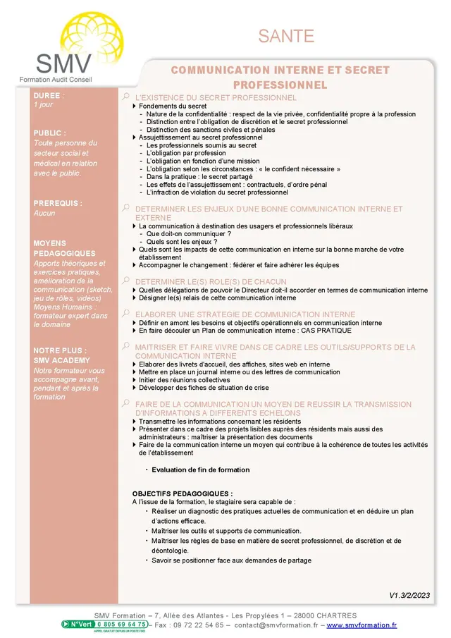 Fiche programme de la formation Communication Interne et Secret Professionnel : durée, public, prérequis, objectifs pédagogiques et contenu