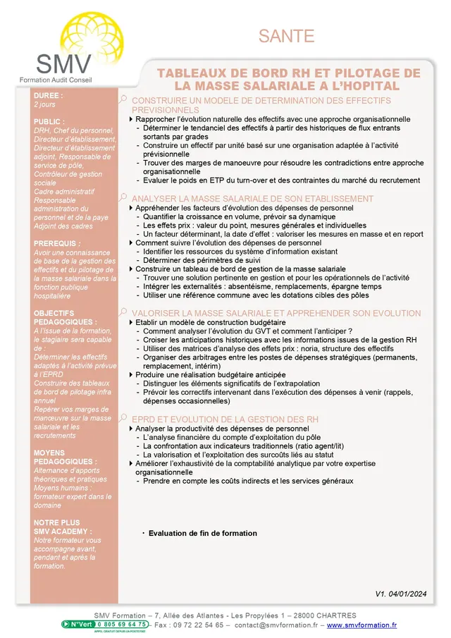 Fiche programme de la formation Tableaux de Bord RH et Pilotage de la Masse Salariale à l’Hôpital : durée, public, prérequis, objectifs pédagogiques et contenu