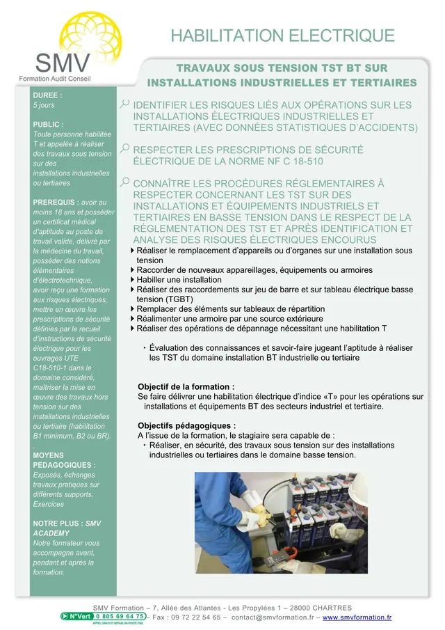 Fiche programme de la formation Travaux Sous Tension TST BT Sur Installations Industrielles et Tertiaires : durée, public, prérequis, objectifs pédagogiques et contenu