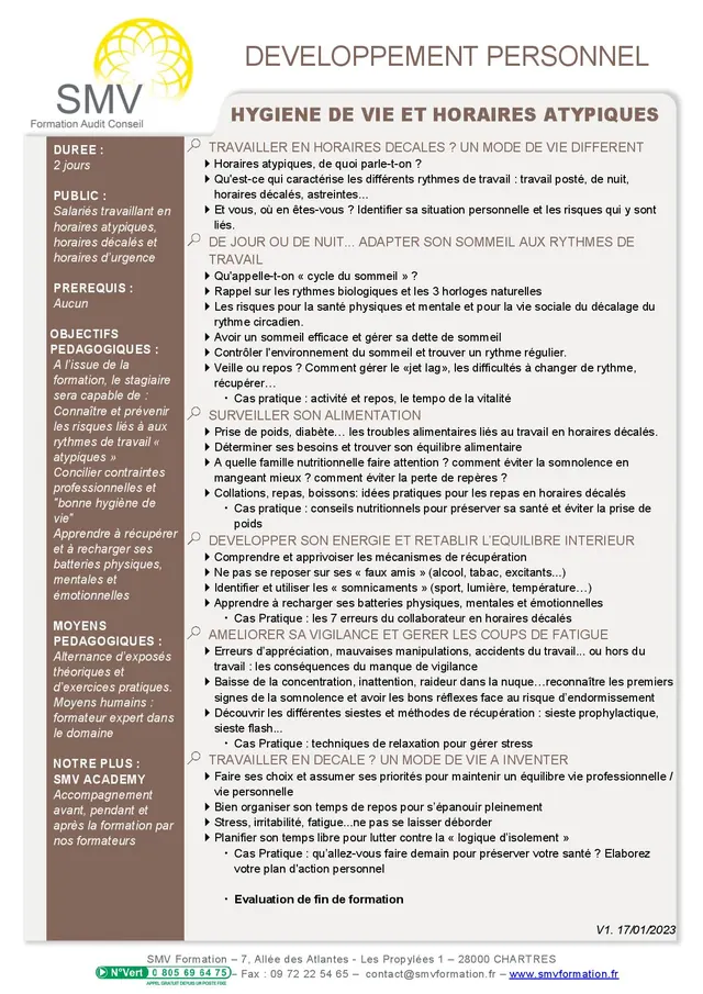 Fiche programme de la formation Hygiène de vie et horaires atypiques : durée, public, prérequis, objectifs pédagogiques et contenu