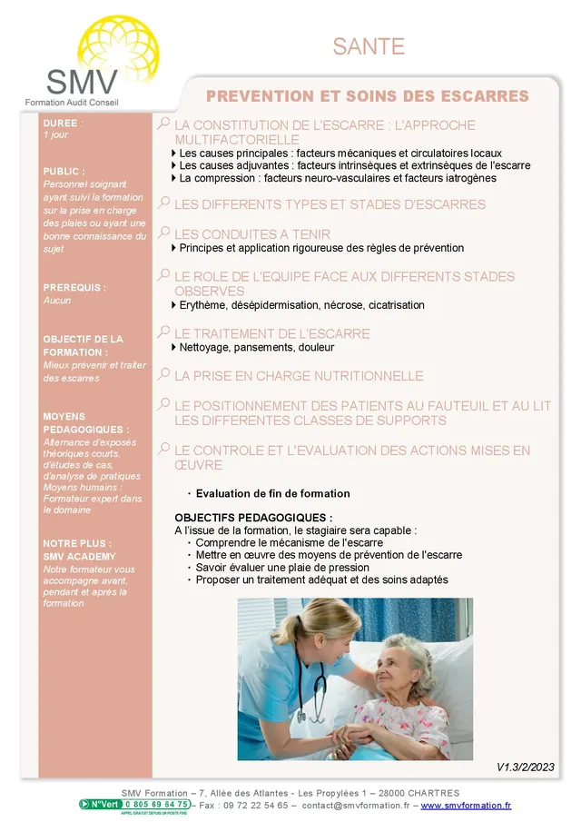 Fiche programme de la formation Prévention et soins des escarres : durée, public, prérequis, objectifs pédagogiques et contenu