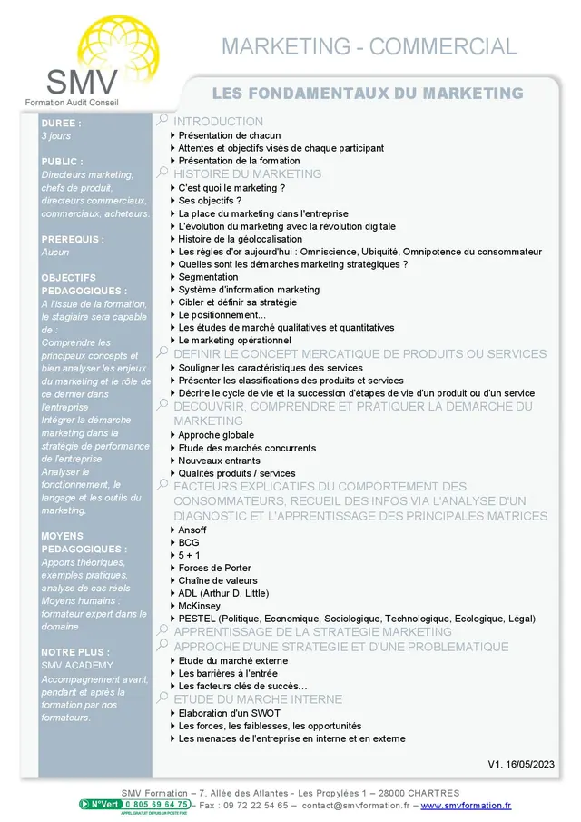 Fiche programme de la formation Les fondamentaux du marketing : durée, public, prérequis, objectifs pédagogiques et contenu