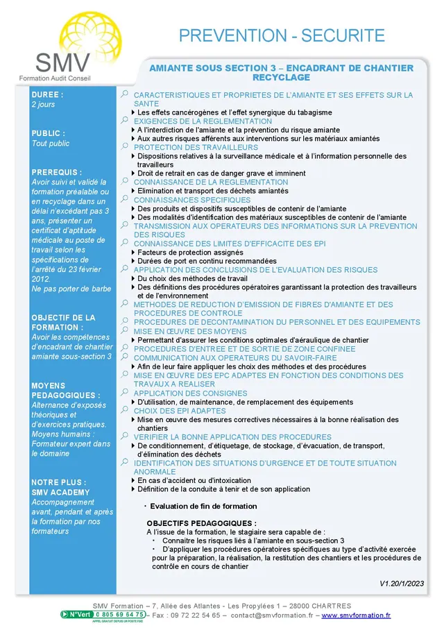 Fiche programme de la formation Amiante sous-section 3 encadrant de chantier recyclage : durée, public, prérequis, objectifs pédagogiques et contenu