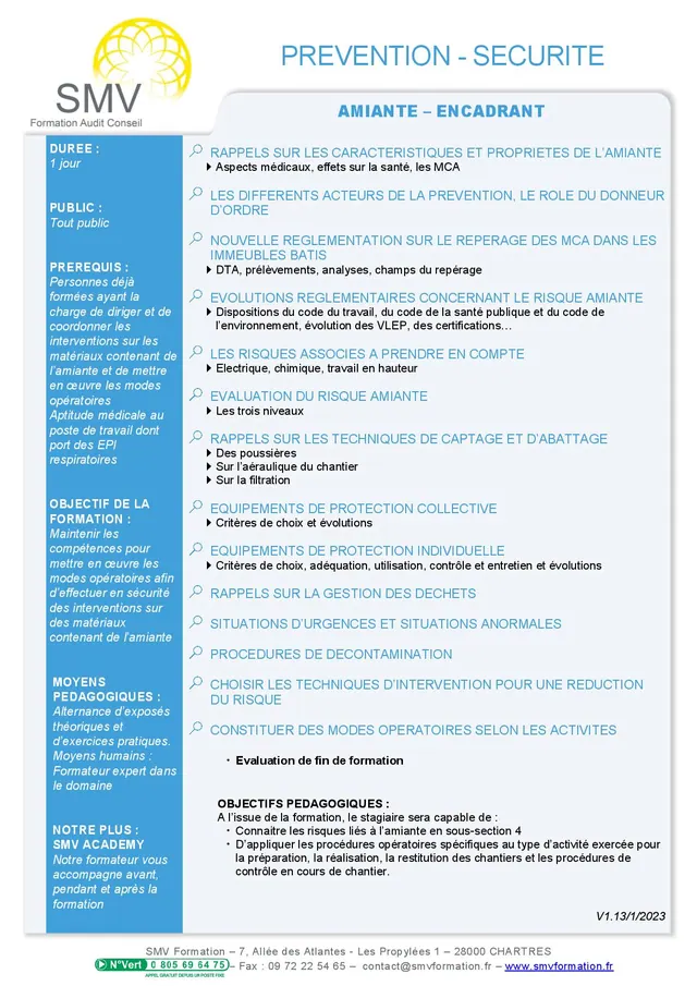 Fiche programme de la formation Amiante Encadrant 1 jour : durée, public, prérequis, objectifs pédagogiques et contenu