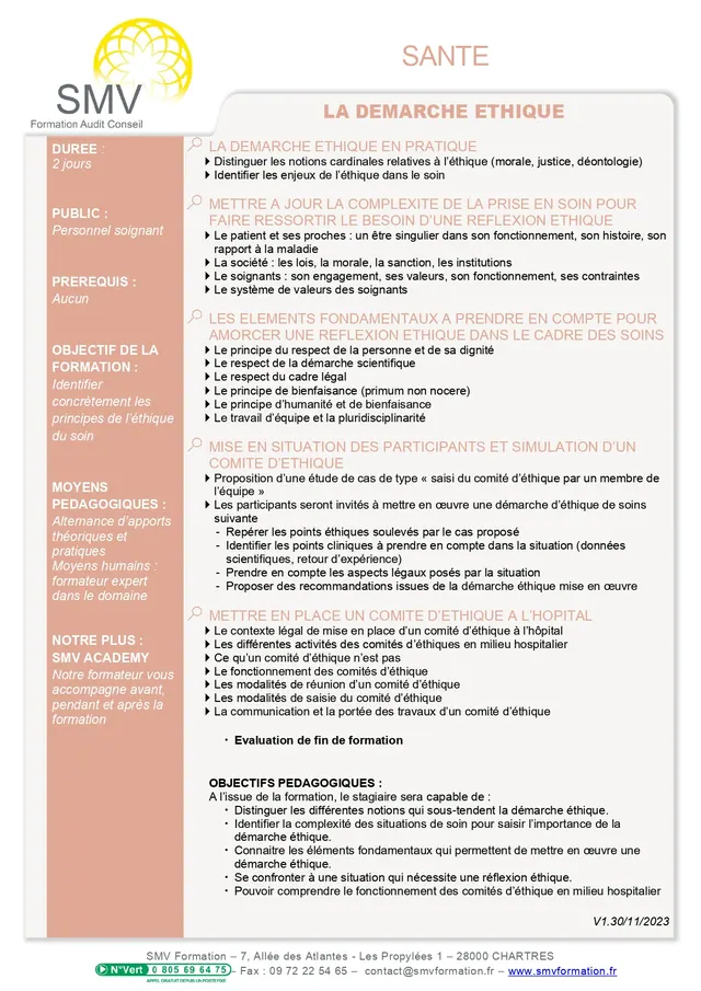 Fiche programme de la formation La Démarche Ethique : durée, public, prérequis, objectifs pédagogiques et contenu