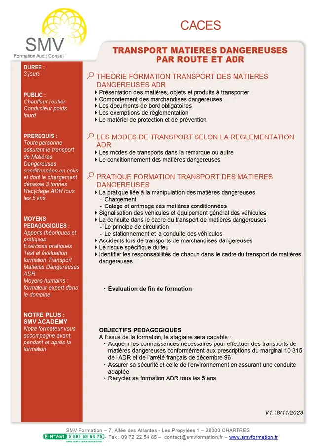 Fiche programme de la formation Transport fr Marchandises Dangereuses par Route et ADR : durée, public, prérequis, objectifs pédagogiques et contenu