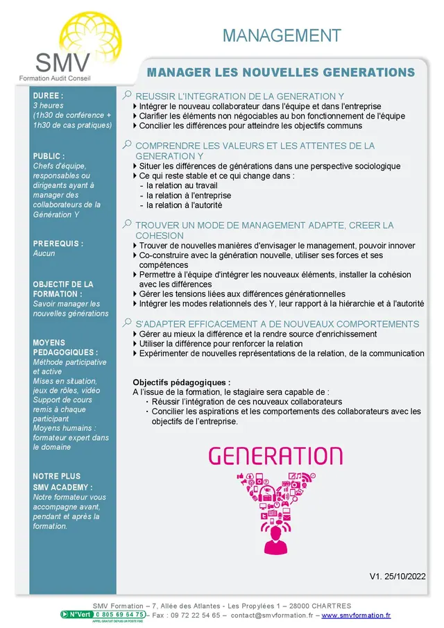 Fiche programme de la formation Manager les nouvelles générations : durée, public, prérequis, objectifs pédagogiques et contenu