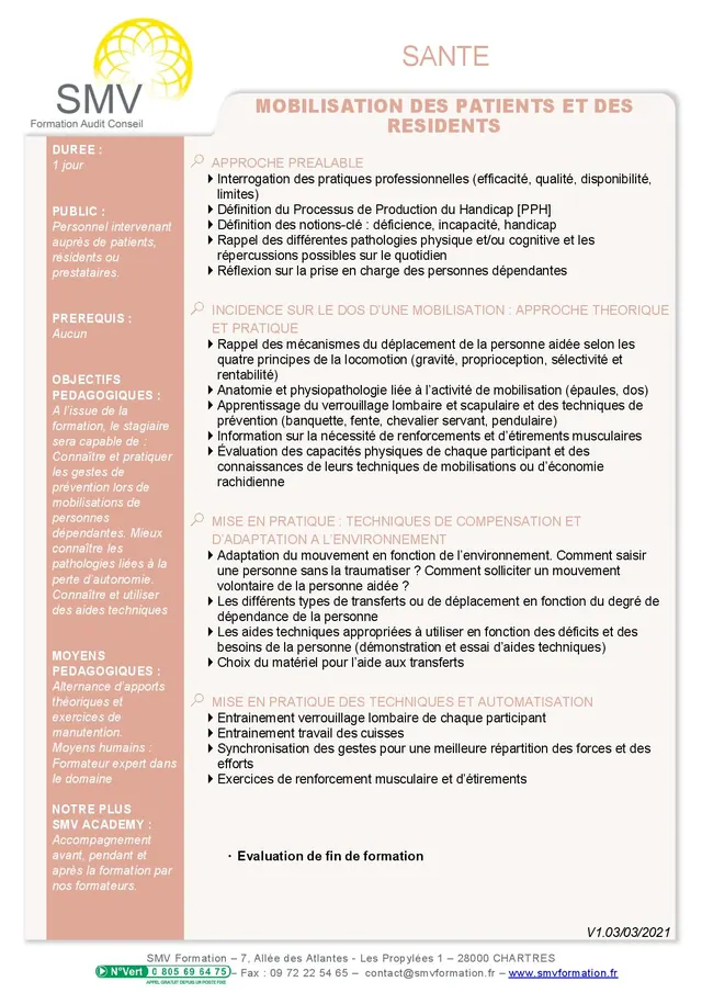 Fiche programme de la formation Mobilisation des Patients et des Résidents 1 jour : durée, public, prérequis, objectifs pédagogiques et contenu
