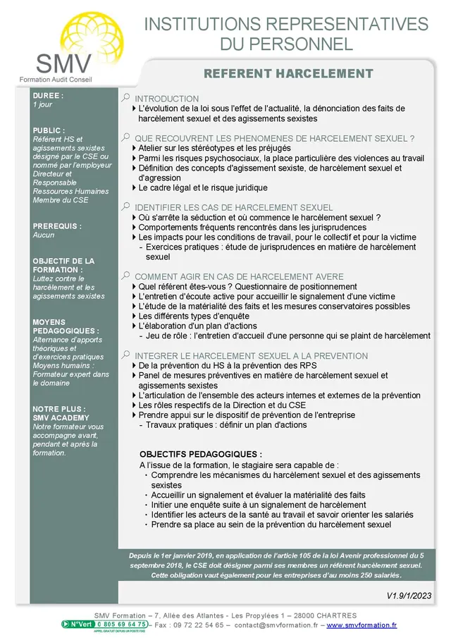 Fiche programme de la formation Référent Harcèlement : durée, public, prérequis, objectifs pédagogiques et contenu