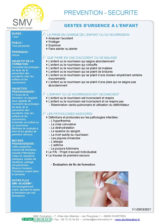 Fiche programme de la formation Geste d’Urgence à l’Enfant : durée, public, prérequis, objectifs pédagogiques et contenu