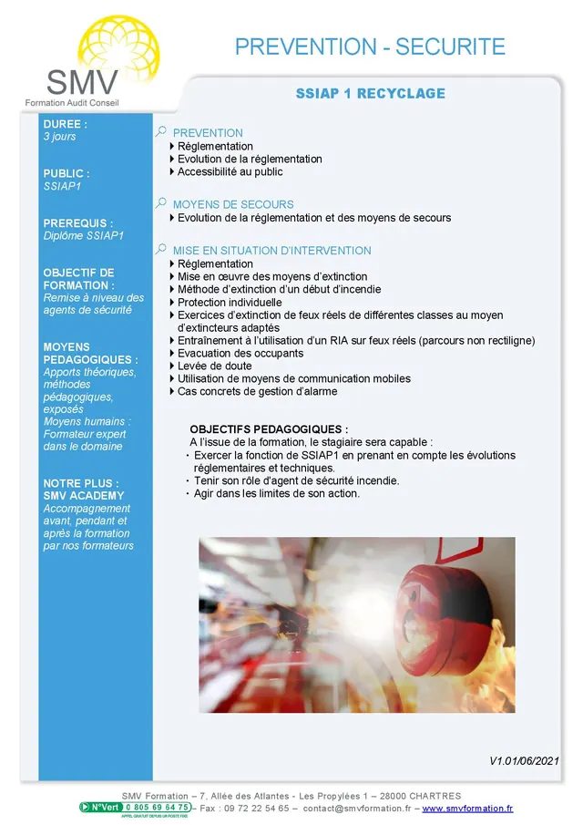 Fiche programme de la formation SSIAP 1 RECYCLAGE : durée, public, prérequis, objectifs pédagogiques et contenu