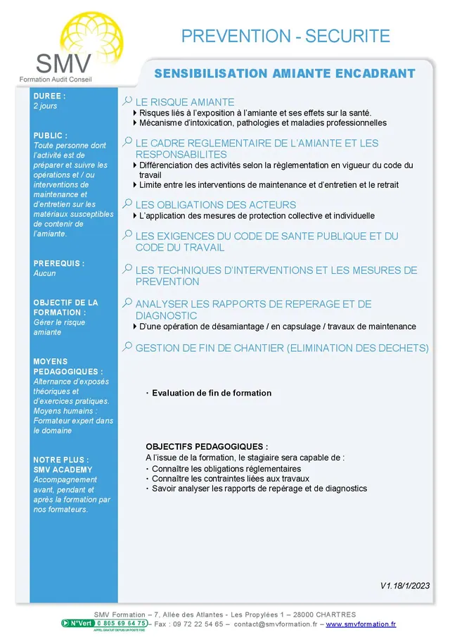 Fiche programme de la formation Sensibilisation Amiante Encadrant 2 jours : durée, public, prérequis, objectifs pédagogiques et contenu