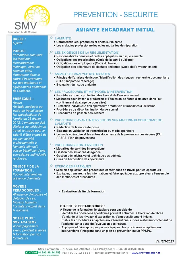 Fiche programme de la formation Amiante encadrant Initiale 5 jours : durée, public, prérequis, objectifs pédagogiques et contenu