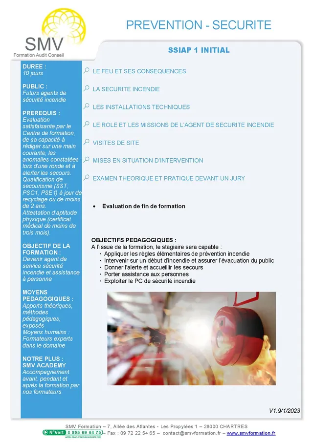 Fiche programme de la formation SSIAP 1 INITIAL : durée, public, prérequis, objectifs pédagogiques et contenu
