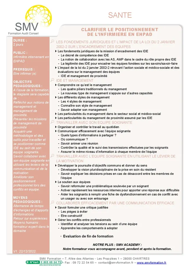 Fiche programme de la formation Clarifier le positionnement de l’infirmière en EHPAD : durée, public, prérequis, objectifs pédagogiques et contenu
