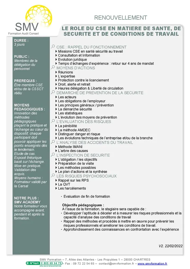 Fiche programme de la formation CSE en matiere de sante securite et conditions de travail  moins de 300 RENOUVELLEMENT : durée, public, prérequis, objectifs pédagogiques et contenu