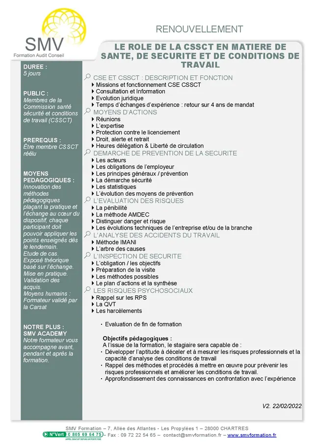 Fiche programme de la formation CSE CSSCT plus de 300 RENOUVELLEMENT : durée, public, prérequis, objectifs pédagogiques et contenu