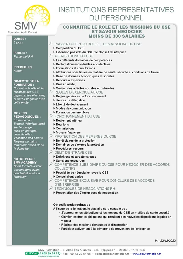 Fiche programme de la formation Connaitre le rôle et les missions du CSE et savoir négocier : durée, public, prérequis, objectifs pédagogiques et contenu
