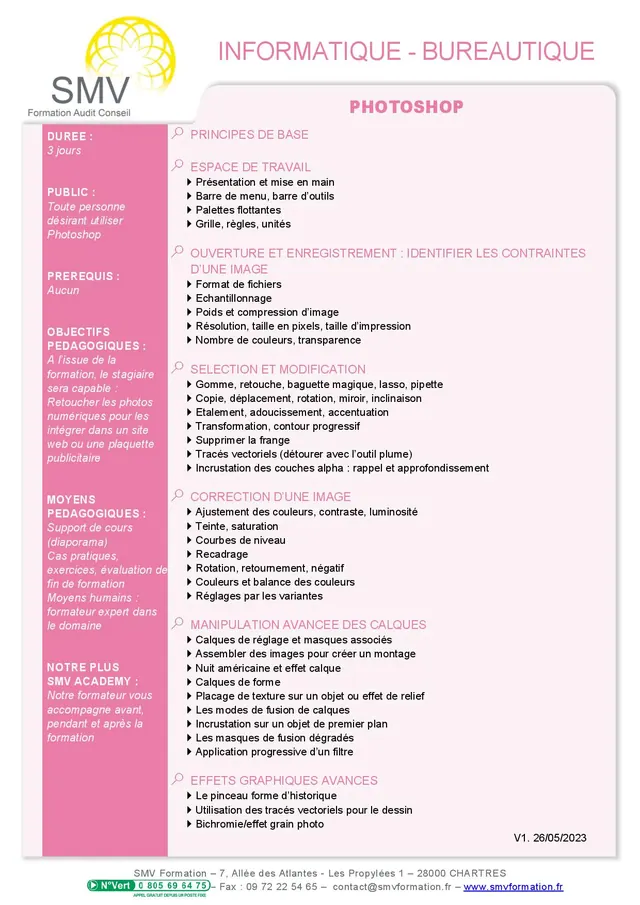 Fiche programme de la formation Photoshop : durée, public, prérequis, objectifs pédagogiques et contenu