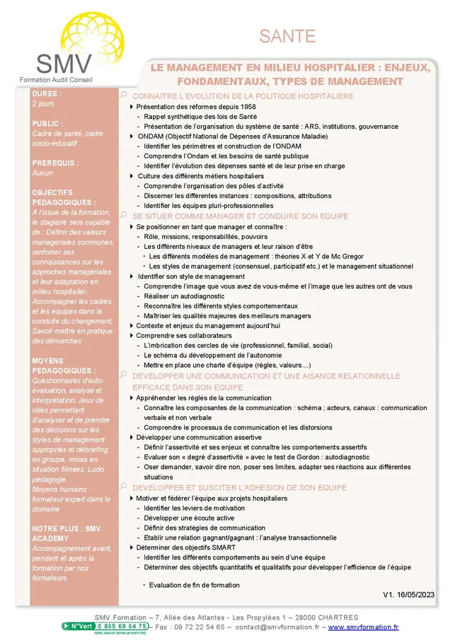 Fiche programme de la formation Le Management en milieu hospitalier : durée, public, prérequis, objectifs pédagogiques et contenu