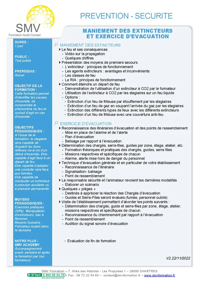 Fiche programme de la formation Maniement des Extincteurs et Exercice d’Evacuation 1 jour : durée, public, prérequis, objectifs pédagogiques et contenu