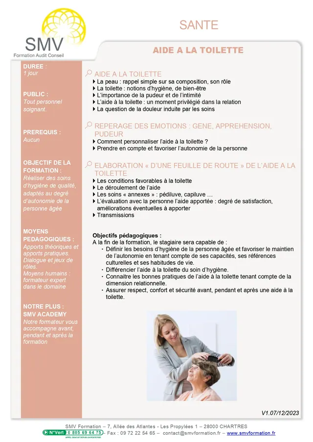 Fiche programme de la formation Aide à la toilette : durée, public, prérequis, objectifs pédagogiques et contenu
