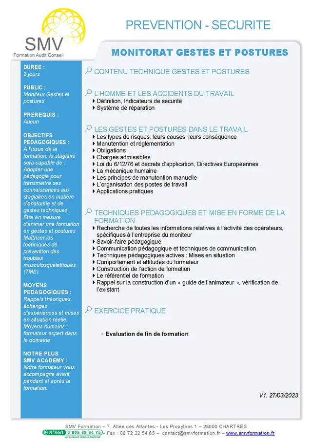 Fiche programme de la formation Monitorat Gestes et Postures 2 jours : durée, public, prérequis, objectifs pédagogiques et contenu