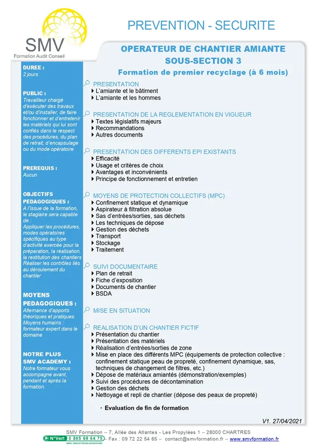 Fiche programme de la formation Opérateur de chantier Amiante sous-section 3 : durée, public, prérequis, objectifs pédagogiques et contenu