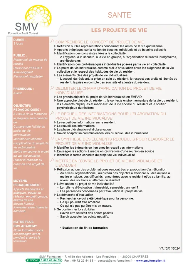 Fiche programme de la formation Les Projets de Vie : durée, public, prérequis, objectifs pédagogiques et contenu
