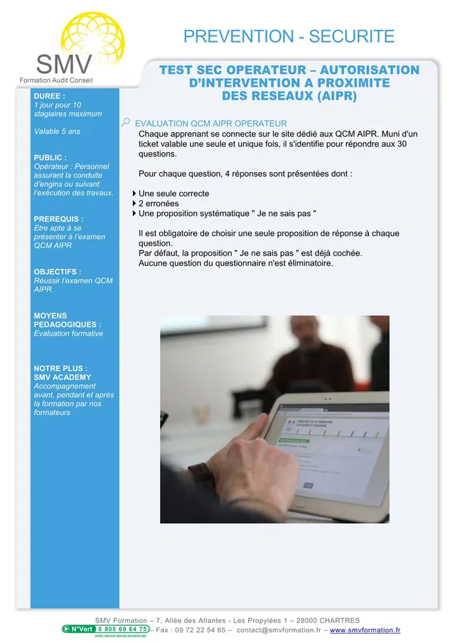 Fiche programme de la formation Test sec AIPR – Opérateur : durée, public, prérequis, objectifs pédagogiques et contenu