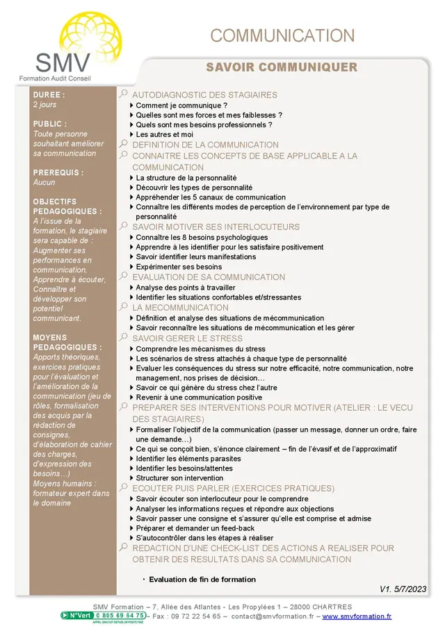 Fiche programme de la formation Savoir communiquer : durée, public, prérequis, objectifs pédagogiques et contenu