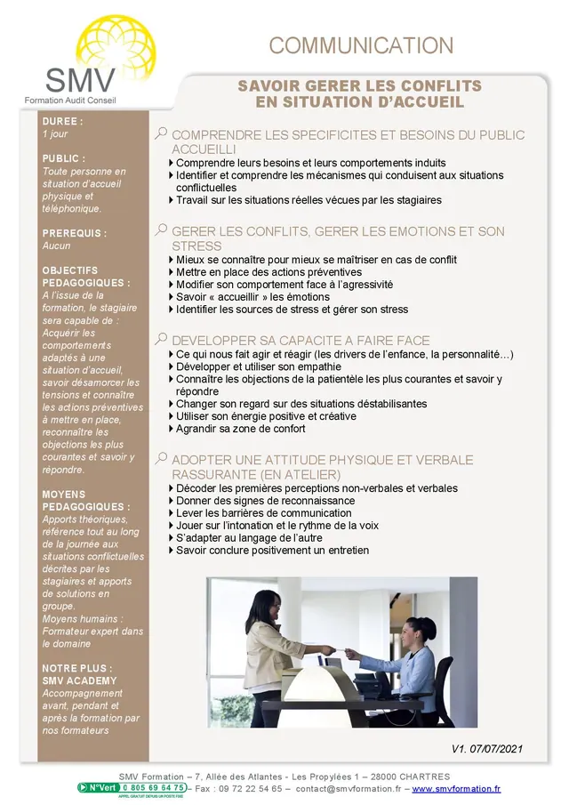 Fiche programme de la formation Savoir gérer les conflits en situation d’accueil 1 jour : durée, public, prérequis, objectifs pédagogiques et contenu