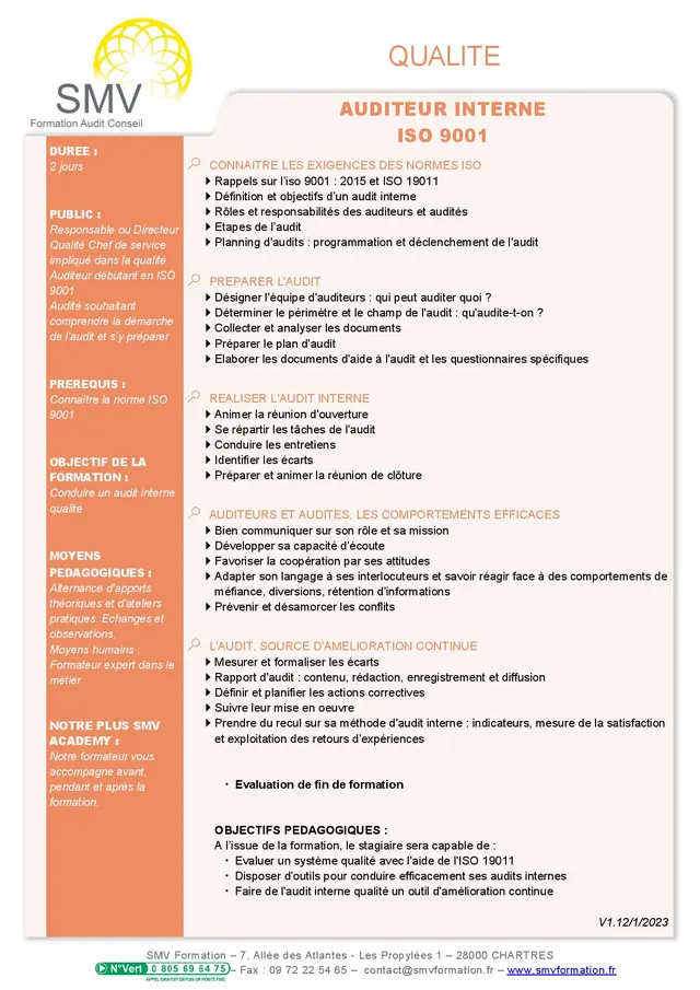 Fiche programme de la formation Auditeur Interne ISO 9001 : durée, public, prérequis, objectifs pédagogiques et contenu