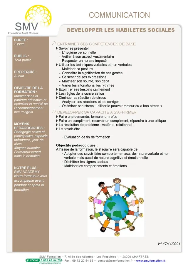 Fiche programme de la formation Développer les habiletés sociales : durée, public, prérequis, objectifs pédagogiques et contenu
