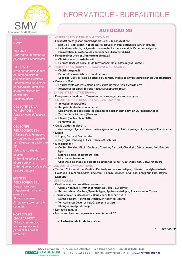 Fiche programme de la formation AUTOCAD 2D : durée, public, prérequis, objectifs pédagogiques et contenu