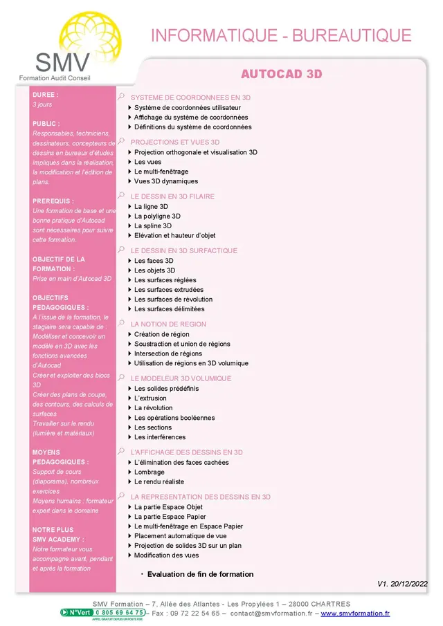 Fiche programme de la formation AUTOCAD 3D : durée, public, prérequis, objectifs pédagogiques et contenu