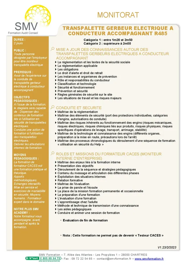 Fiche programme de la formation Monitorat Transpalette Gerbeur Electrique R485 : durée, public, prérequis, objectifs pédagogiques et contenu