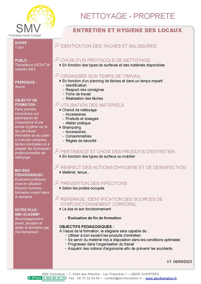 Fiche programme de la formation Entretien et Hygiène des Locaux 1 jour : durée, public, prérequis, objectifs pédagogiques et contenu