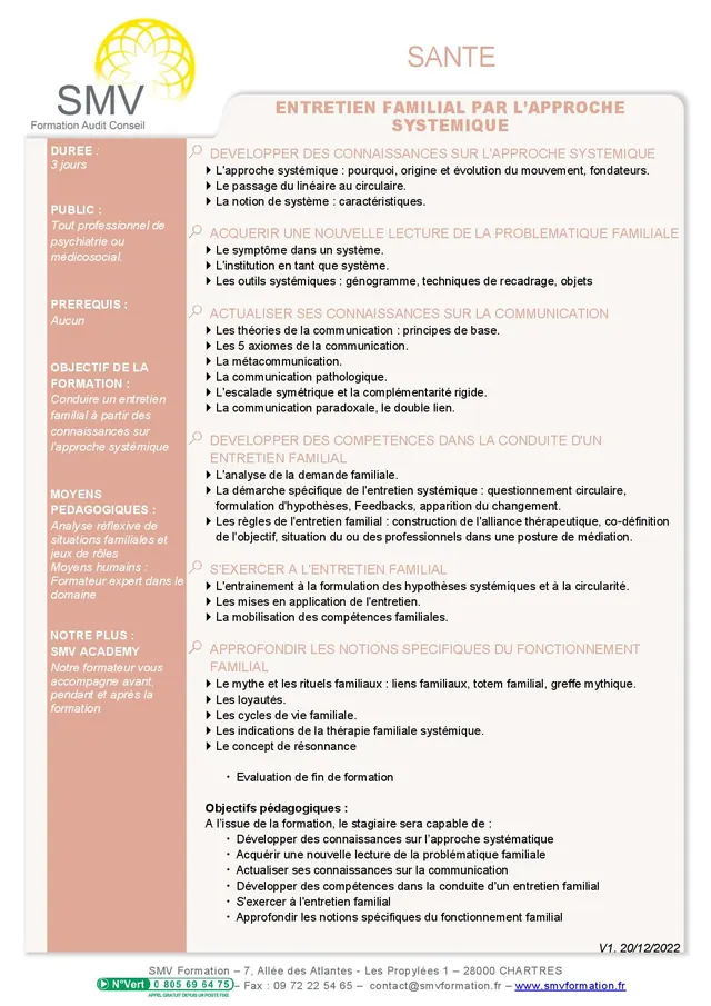 Fiche programme de la formation Entretien familial par l’approche systémique : durée, public, prérequis, objectifs pédagogiques et contenu