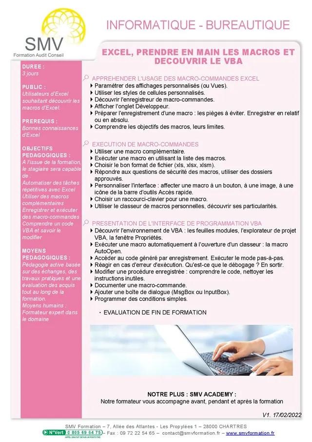 Fiche programme de la formation Excel, prendre en main les macros et découvrir le VBA : durée, public, prérequis, objectifs pédagogiques et contenu