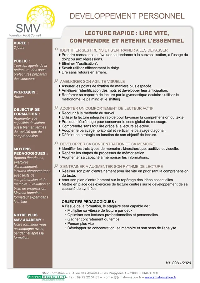 Fiche programme de la formation Lecture rapide : lire vite, comprendre et retenir l’essentiel : durée, public, prérequis, objectifs pédagogiques et contenu