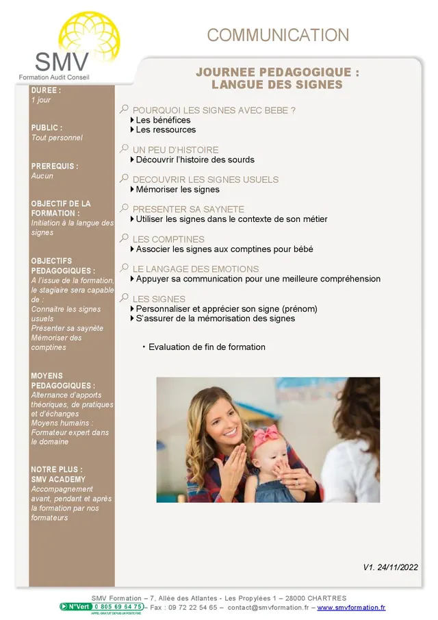 Fiche programme de la formation Journée Pédagogique : Langue des signes : durée, public, prérequis, objectifs pédagogiques et contenu