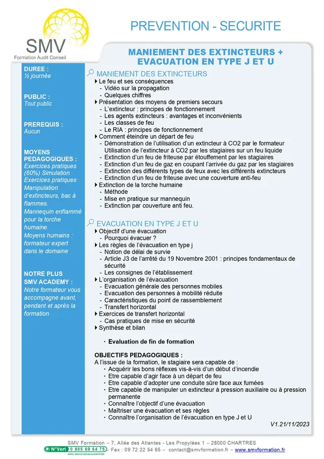 Fiche programme de la formation Maniement des Extincteurs et Evacuation en Type J et U : durée, public, prérequis, objectifs pédagogiques et contenu