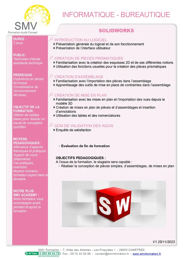 Fiche programme de la formation SOLIDWORKS 2jours : durée, public, prérequis, objectifs pédagogiques et contenu